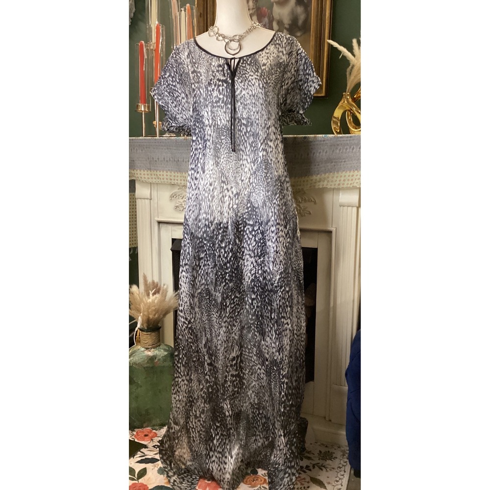 Zingara Silk Maxi Dress Black White Abstract Animal Print Ruched Back Size 2
